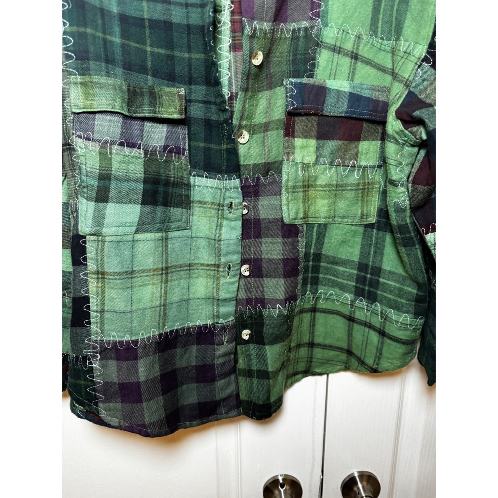 ‼️SALE‼️Bohera Green Patchwork Plaid Flannel Shirt Shacket Zigzag Stitching - Picture 5 of 7